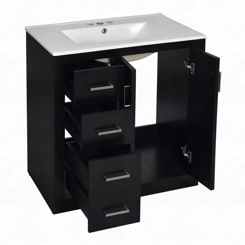 Ensemble de meuble-lavabo autoportant avec 3 tiroirs et portes à fermeture douce, Noir, noir, noir, noir