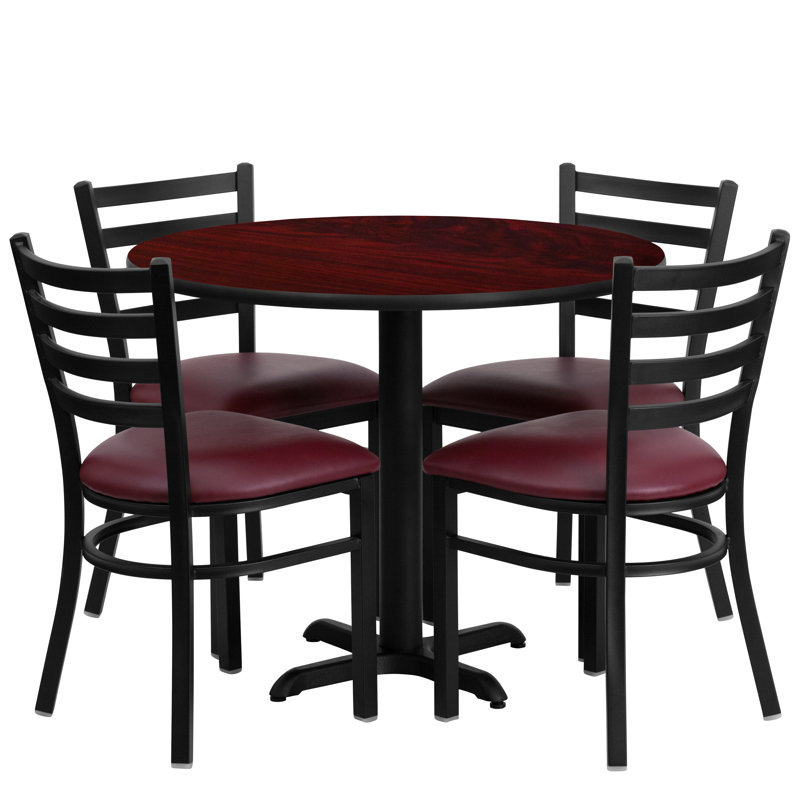 Jinnie 36'' Round Laminate Table Set with X-Base and 4 Ladder Back Metal Chairs, Mahogany, Black Faux Leather