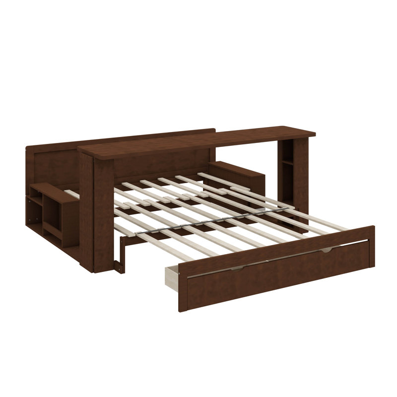 Wooden Queen-Size Daybed With Built-In Storage Drawers, Removable Desk, And Hydraulic Side Table, Espresso, Queen