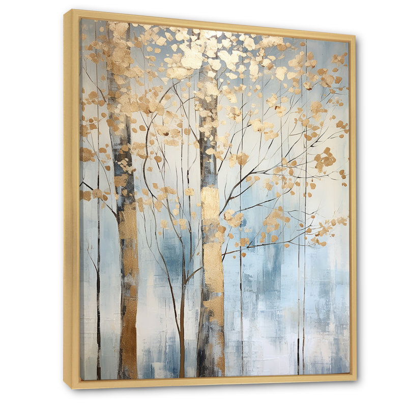 Or et bleu, arbres au trésor, paysage II - art mural arbres, H 44 po x l 34 po x P 1,5 po, Cadre flottant érable
