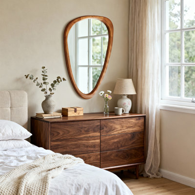 Asymmetrical Accent Decorative Wall Mirror, Solid Wood Frame – Boho Modern Mirror For Entryway Or Vanity