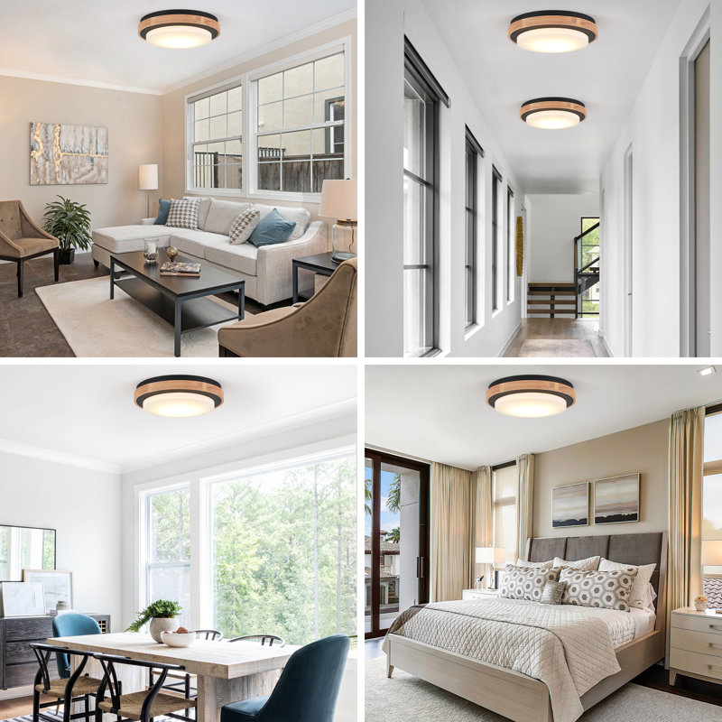 Modern Drum Design Circle Wood LED Flush Mount Ceiling Light Fixture For Kitchen, Bedroom, Foyer, Hallway, Laundry Room