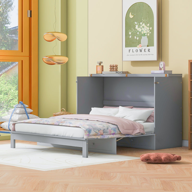 Murphy Bed With Large Drawers, Gray, Queen