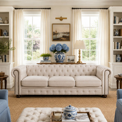 88.5-Inch Faux Leather Chesterfield Sofa, 3-Seat Rolled-Arm Couch with Nailhead Trim, 6.5-Inch Removable-Cover Cushions and Solid Wood Legs