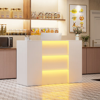 Corwynn 63'' W Rectangular Wood Reception Desk With Drawers And Cabinet, with LED Lights