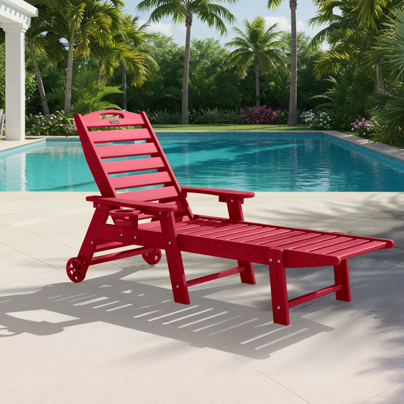 Wood Texture Lounge Chaise Outdoor Pool Lounge Chair Swimming Reclining Outdoor Chaise Lounge With Wheels, Red