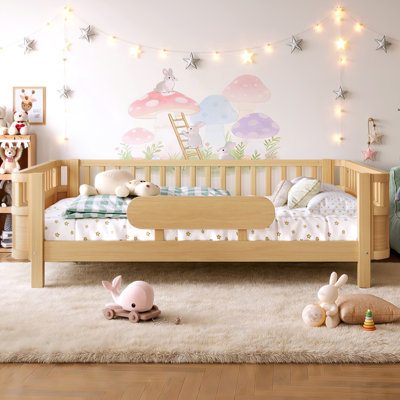 Full Size Kids Wood Platform Bed with Safety Guardrails and Detachable Fence, Extra Side Guardrail, Natural