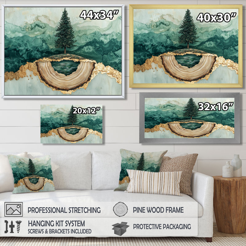 «Emerald Pine Tree On Wooden Tree Slide II», reproduction sur toile, 16" H x 32" W, Encadrement argenté