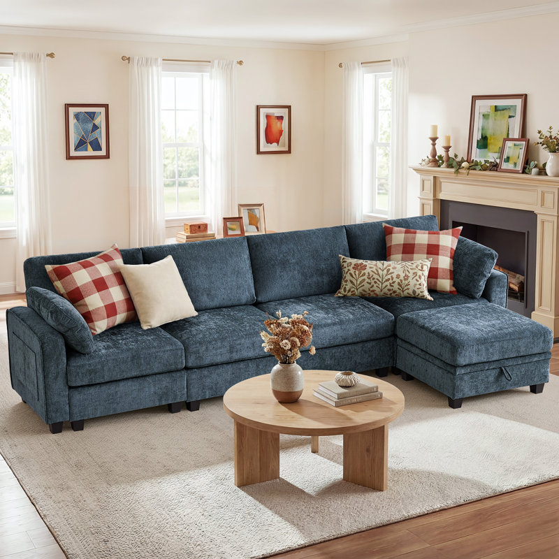 Canapé modulaire en U 130,3 po de large modulaire en chenille avec repose-pieds avec rangement, Bleu