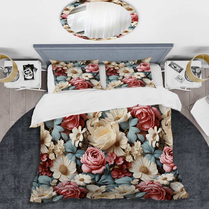 Vintage Boho Flower Peonies Blooms I - Ensemble de housse de couette à motif floral