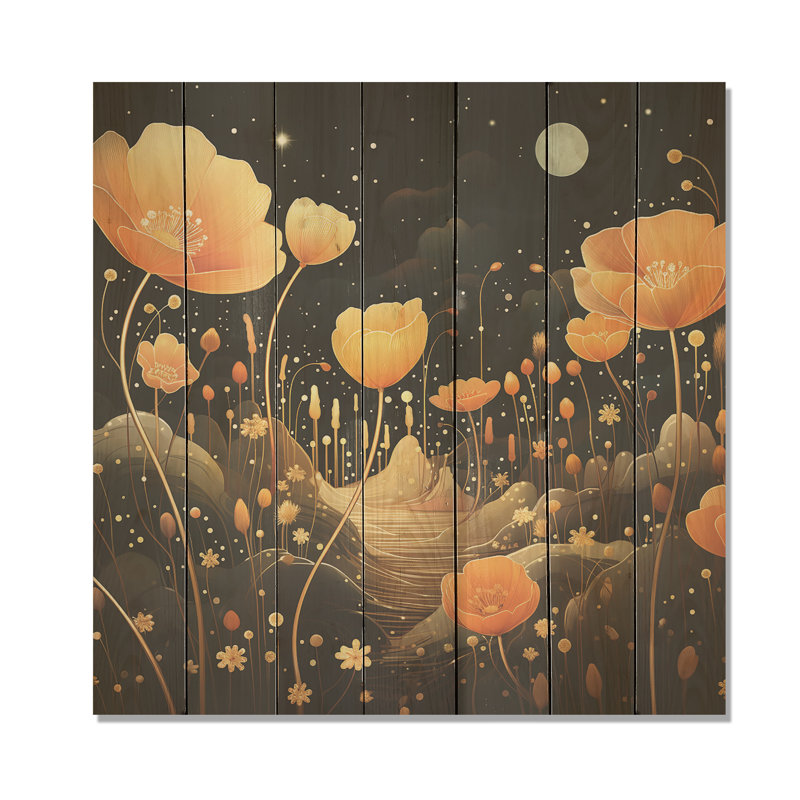 Motif floral orange sur fond d'or clair de lune orange - souci sur bois, H 30 po x l 30 po