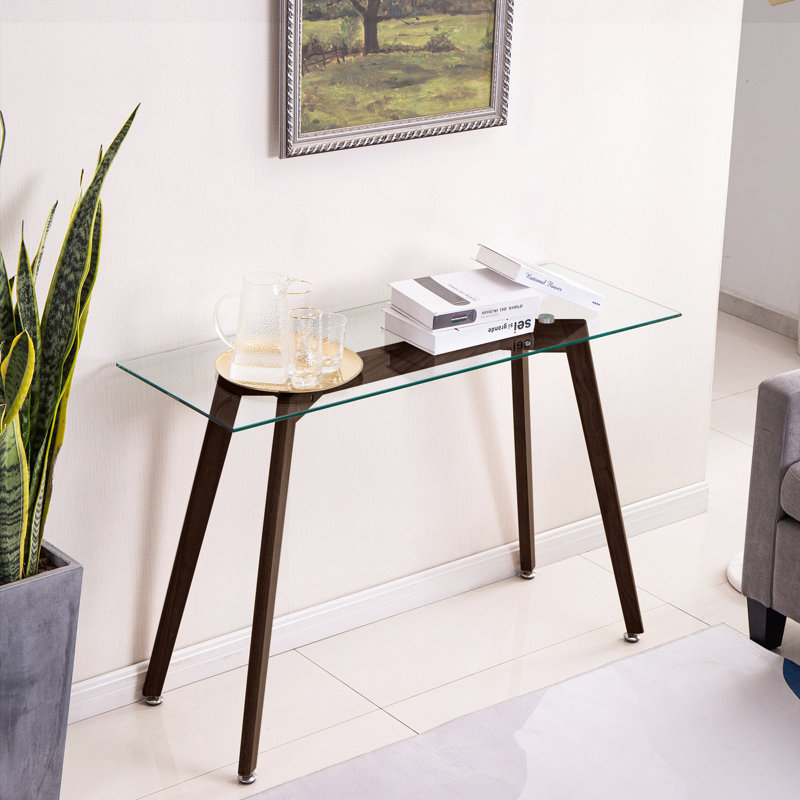 Diano 43.3" Narrow Console Table with Solid Wood Legs and Tempered Glass Top Desk, Walnut Brown
