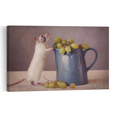Curious Rat With Grapes Playful Contemporary Animal Fruit Wall Art Print - Print