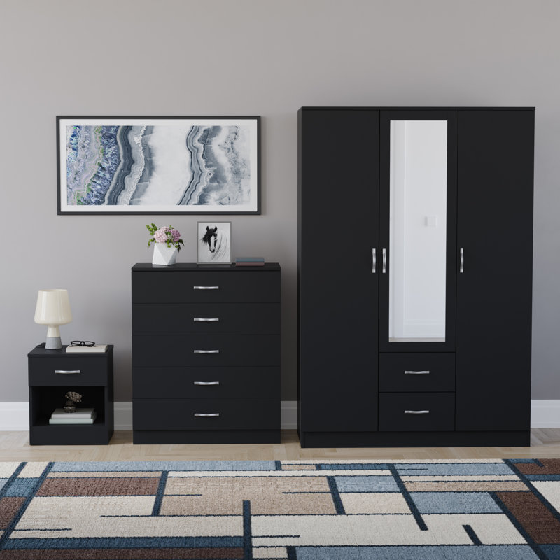 Maybery 3 Piece Bedroom Set (1 Drawer Bedside Chest, 5 Drawer Chest, 3 Door 2 Drawer Mirrored Wardrobe), (5), Black