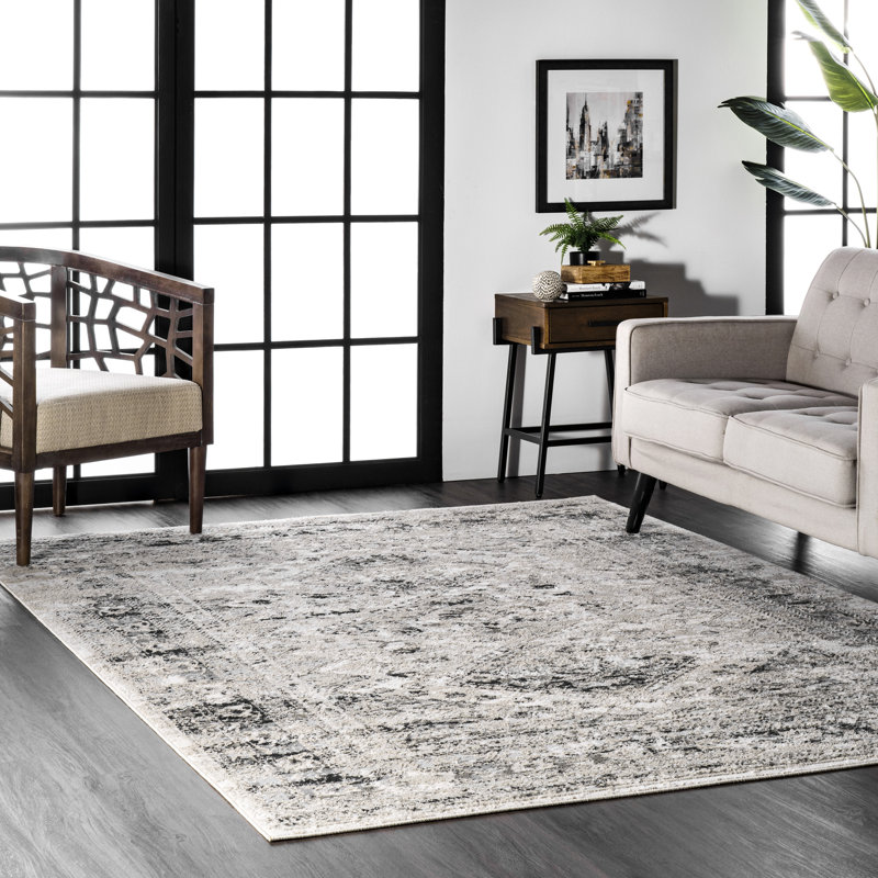 Tapis gris délavé à médaillons tissé à la machine de style traditionnel Fullwood, Rectangle 9 pi x 12 pi