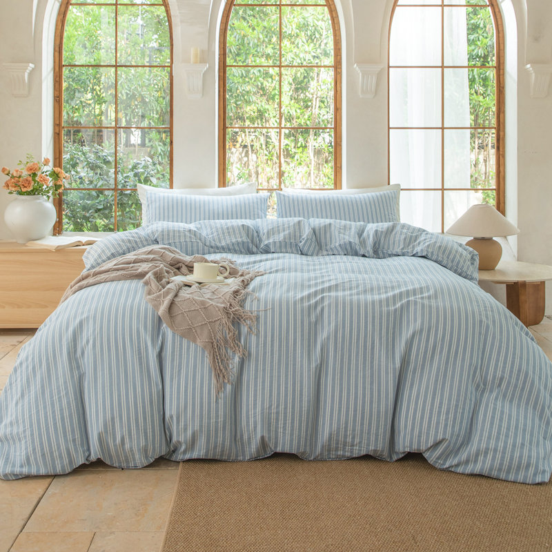Ensemble de housse de couette rayé 100% coton délavé DONEUS, Bleuet / blanc