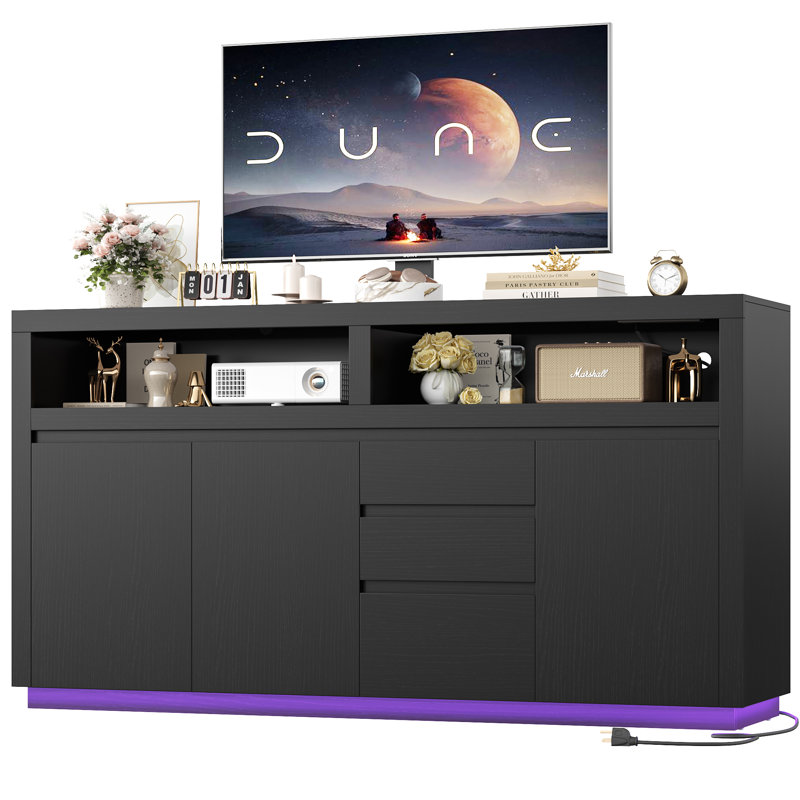 TV Stand Cabinet With Built-In LED Lights & Surge-Protected Outlet | All-In-One Modern Entertainment Center, Matte Black