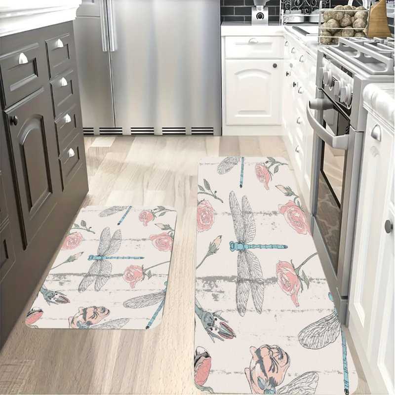 Rose et libellule, ensemble de 2 tapis de cuisine
