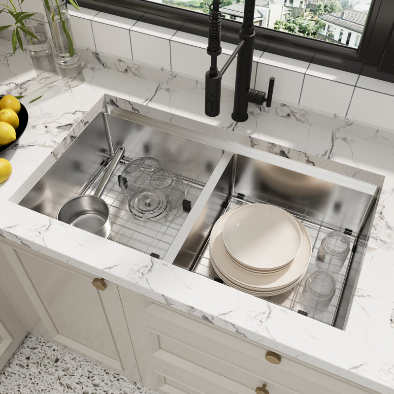 Évier de cuisine encastré sous comptoir 36 x 19 pouces – Acier inoxydable 304, 2 cuves à conception étagé, 36*19