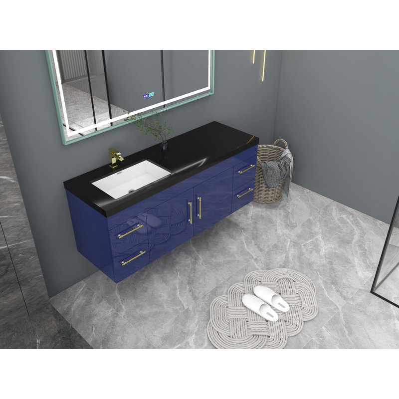 Ensemble de meuble-lavabo mural 60 po, Bleu nuit brillant, Or mat