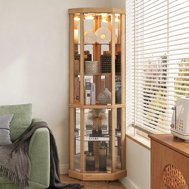 Vitrine de coin lumineuse, vitrine en verre avec tablettes réglables, finition chêne clair
