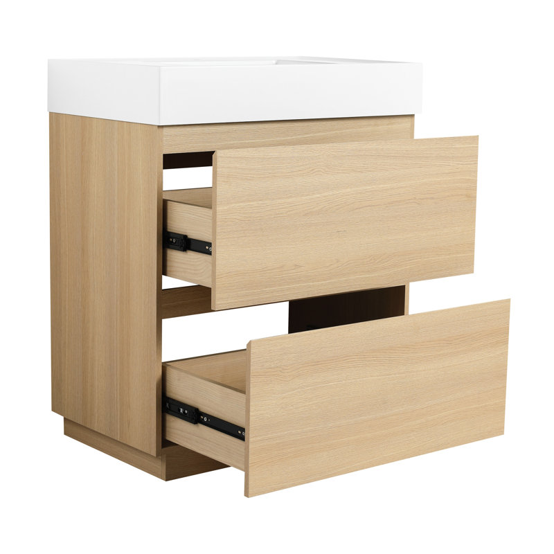 Meuble-lavabo 30 po avec lavabo simple - Armoire autoportante moderne à deux tiroirs en bois d'ingénierie en chêne avec rangement de style traditionnel classique