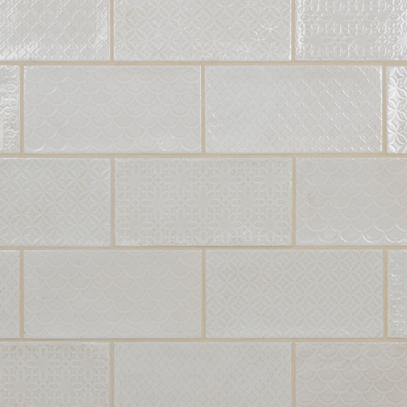 Camden 8" x 4" Ceramic Patterned Subway Tile, Antique Bianco