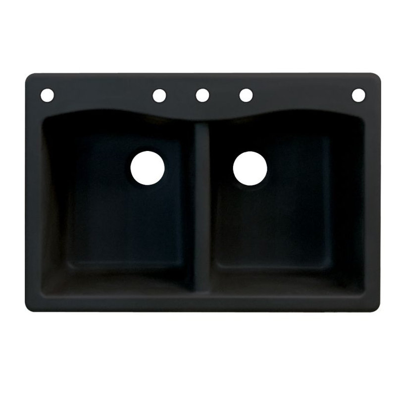 Aversa 33'' L Drop-In Double Bowl Granite Kitchen Sink, Black, 5 hole