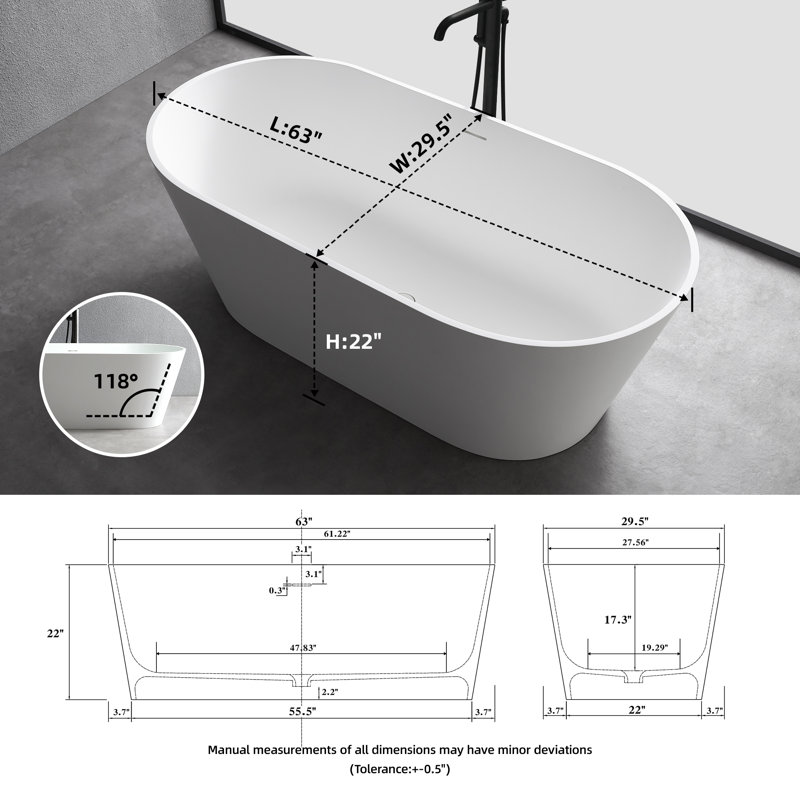 Baignoire de trempage autoportante à surface solide 63 "x 30" avec bonde escamotable et trop-plein, Blanc mat