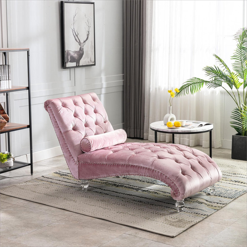 Chaise longue en velours capitonné BEIMO, Velours rose