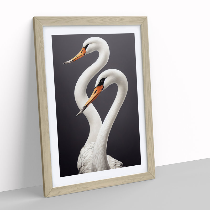 Two Pretty Swans - Wall Art, 66cm H x 48cm W x 3cm D, Oak Picture Framed, White