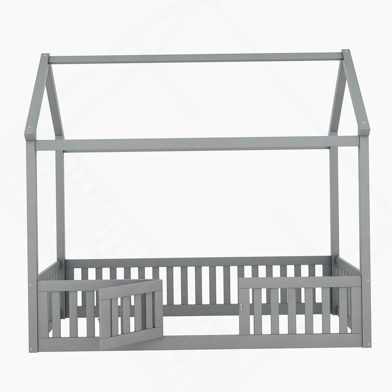 Lit simple en bois avec clôture et porte, gris, Gris