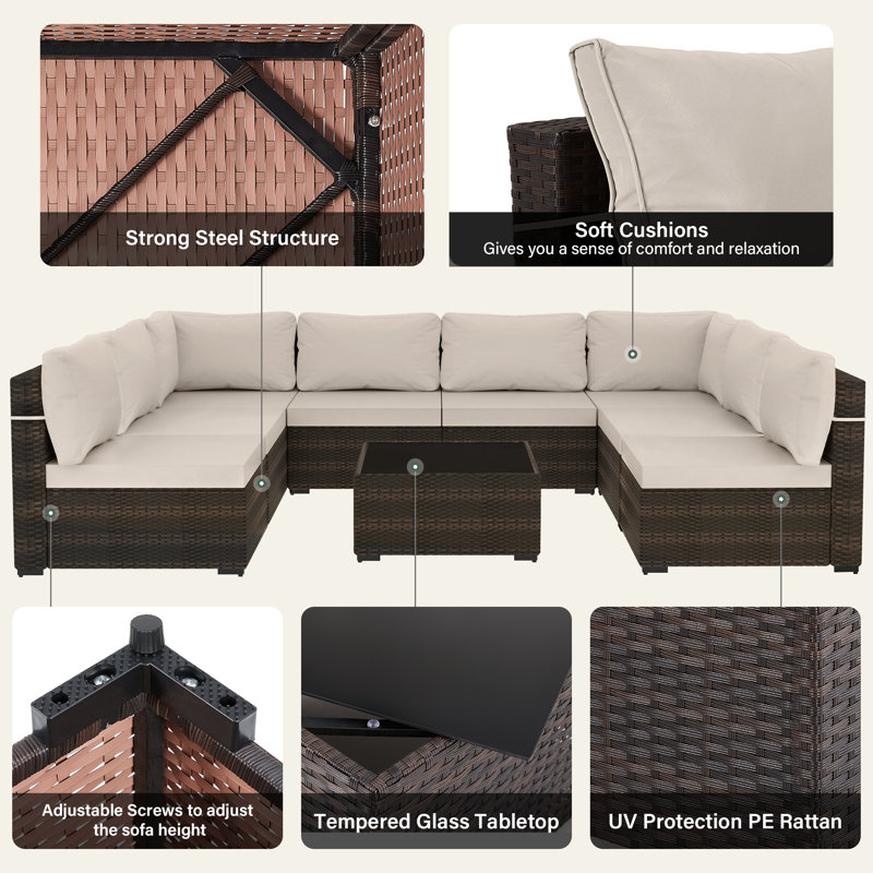 9-piece wicker patio conversation sets with cushions, Beige