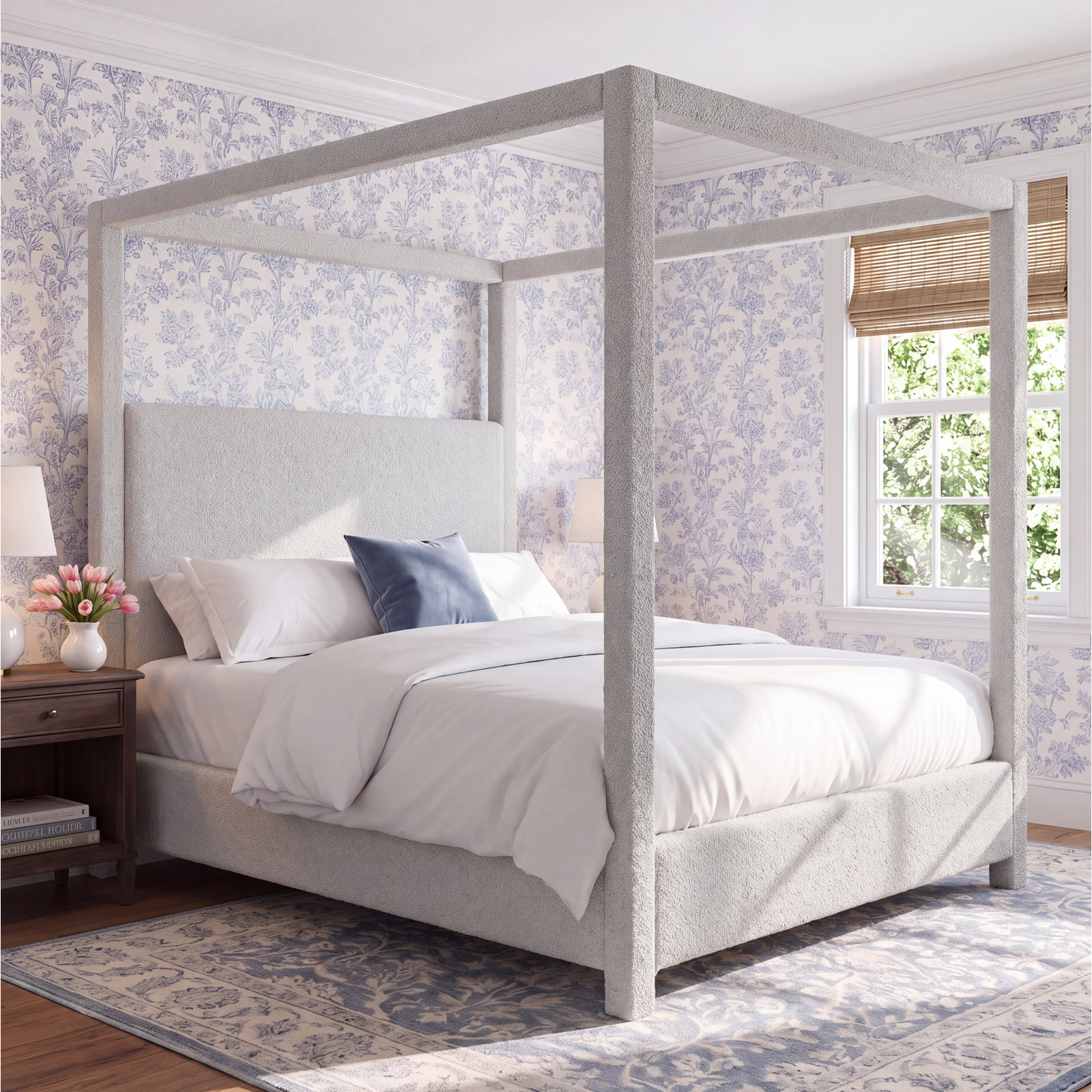 Eucalyptus Canopy Bed, Queen, Cream Boucle Fabric