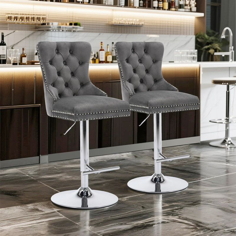 Luxury Swivel Velvet Bar Stools with Adjustable Height (set of 2), Gray