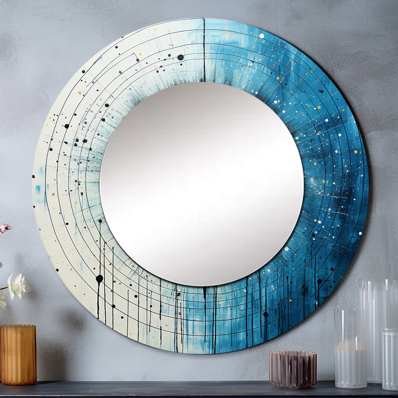 Blanc blanc bleu minimalisme lune - miroir mural unique minimaliste, miroir rond moderne, impression d'art en métal