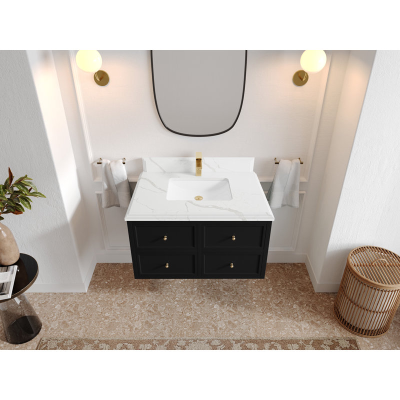 Roswell Floating 36'' Single Bathroom Vanity with Quartz Top, Calacatta Laza