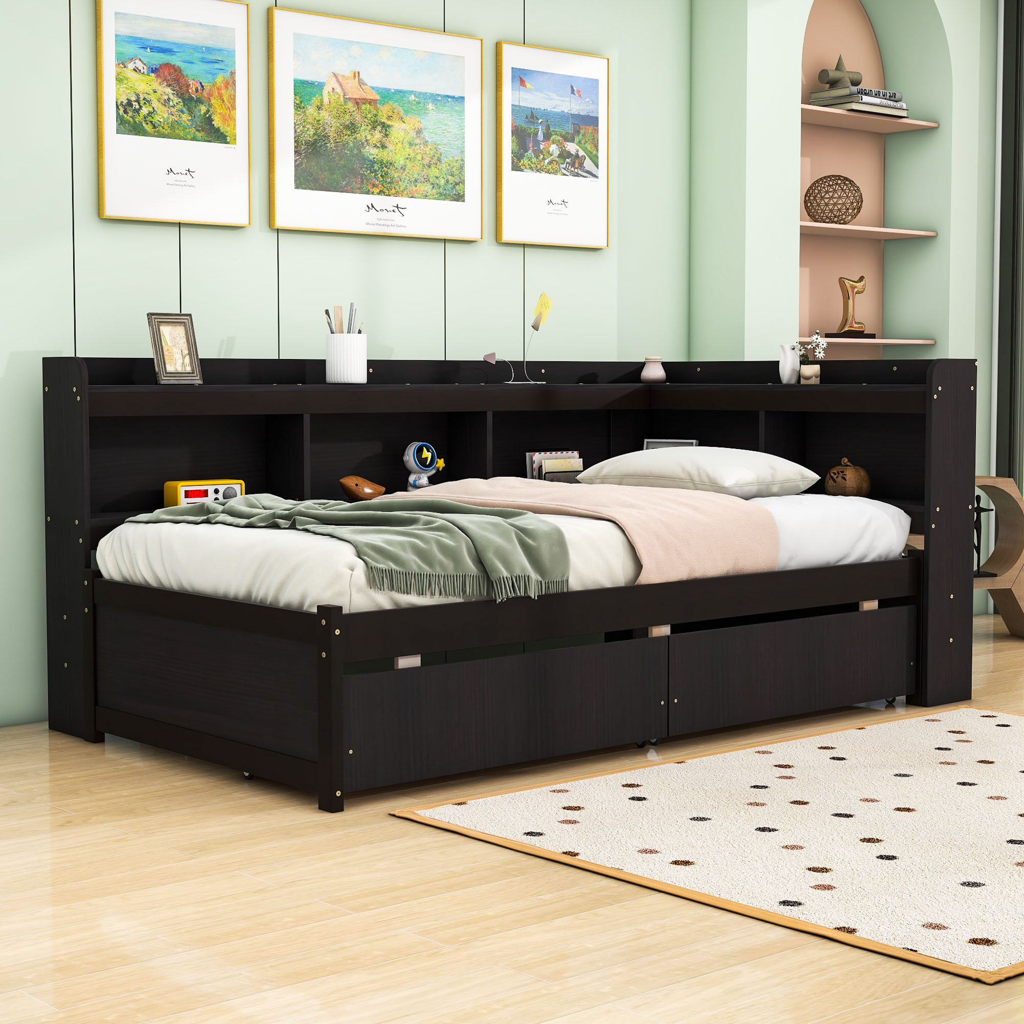 Latitude Run® Twin/Full Bed with L-shaped Bookcases and Drawers | Wayfair