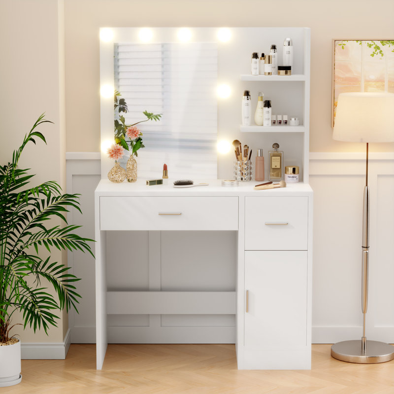 Bureau de maquillage avec lumière et miroir, Blanc
