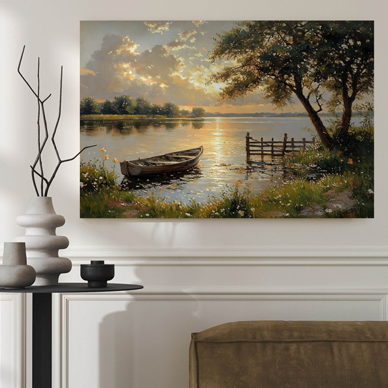Framed Canvas Wall Art - Impressionist Lakeside Dusk with Boat, Sunset Landscape - 20" x 30" for Living Room and Bedroom