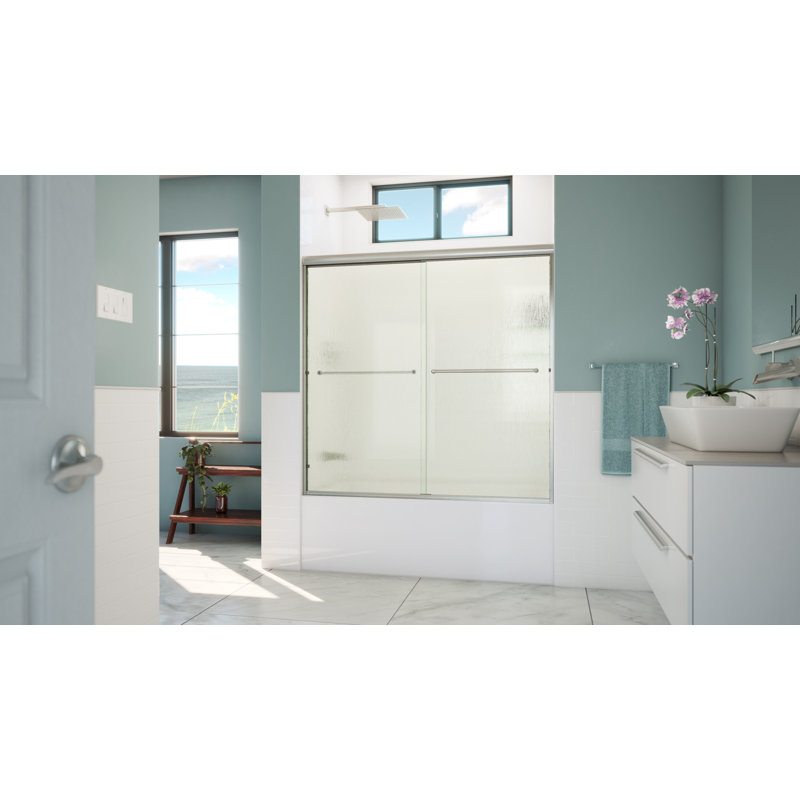 Leter 56" x 57.38" Bypass Frameless Tub Door, Brushed Nickel, Rain Glass
