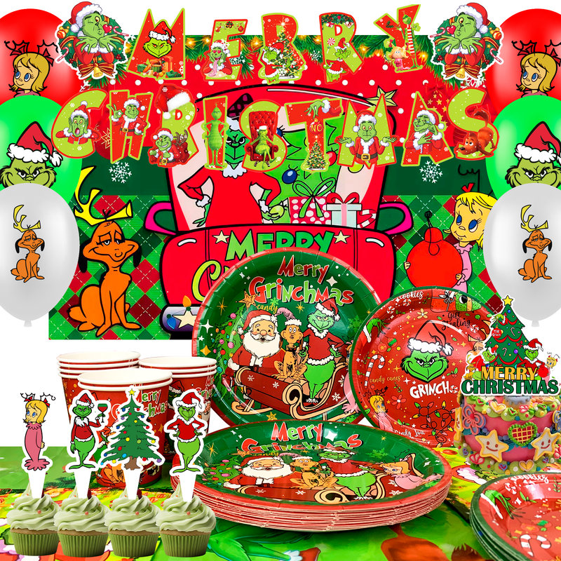 Christmas Grinch Party  Supplies,107 Pcs Grinch Party Decorations and Tableware