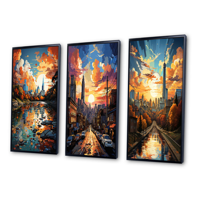 «City Austin Popart», 3 pièces sur toile, Cadre noir, H 32 po x l 48 po