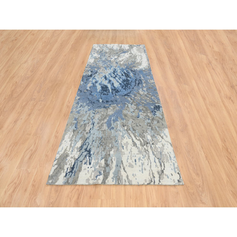 4'2"x11'9" Blue Modern Design Wool and Silk Hand Knotted Wide Runner Rug E6F240B3AABD4278BED0B503C55CE4EF