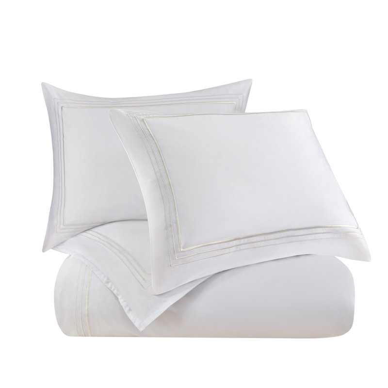 Border Embroidery 100% Cotton Modern Contemporary 3 Piece Duvet Cover Set, White, Queen Duvet Cover + 2 Standard Shams