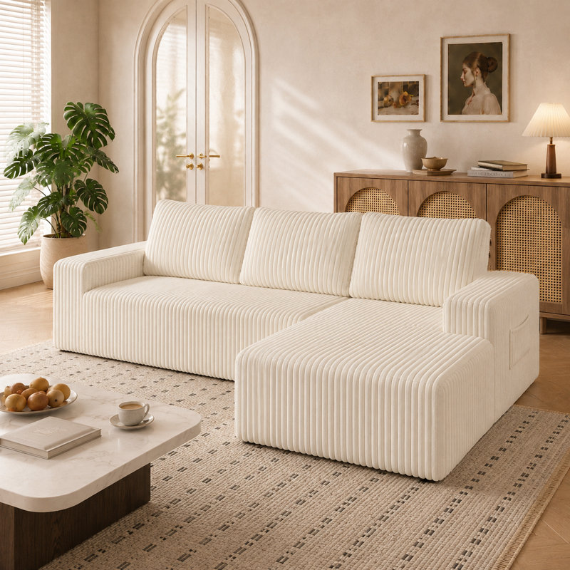 Canapé modulaire en forme de L en flanelle désossée avec siège profond, choix de méridienne orientée à droite, double poches latérales, aucun assemblage requis