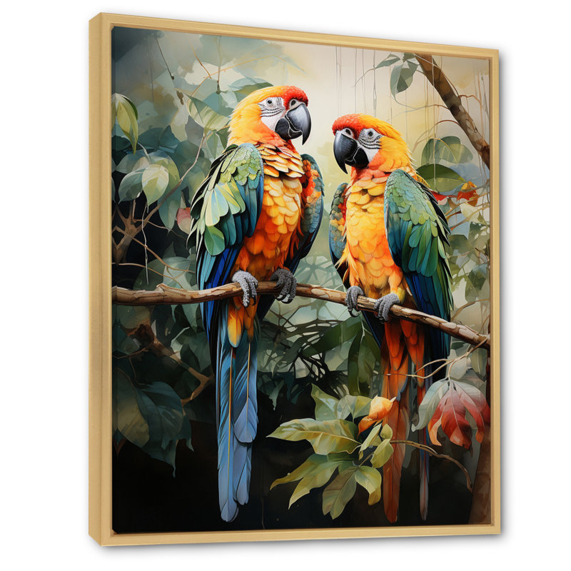 Deux perroquets sur une branche III - reproduction, Cadre naturel flottant, H 20 po x l 12 po