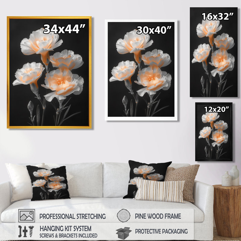 Monochromes blancs et noirs, œillets parfumés I - œillets, art mural, Toile avec cadre flottant or