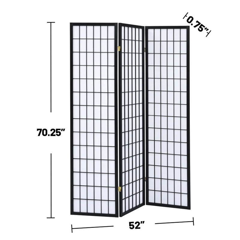 Paravent à 3 panneaux, structure en bois d'hévéa noir, panneaux en papier blanc, hauteur de 71,69 po, profondeur de 52 po pour la décoration, structure pliante, en hauteur, configuration en profondeur