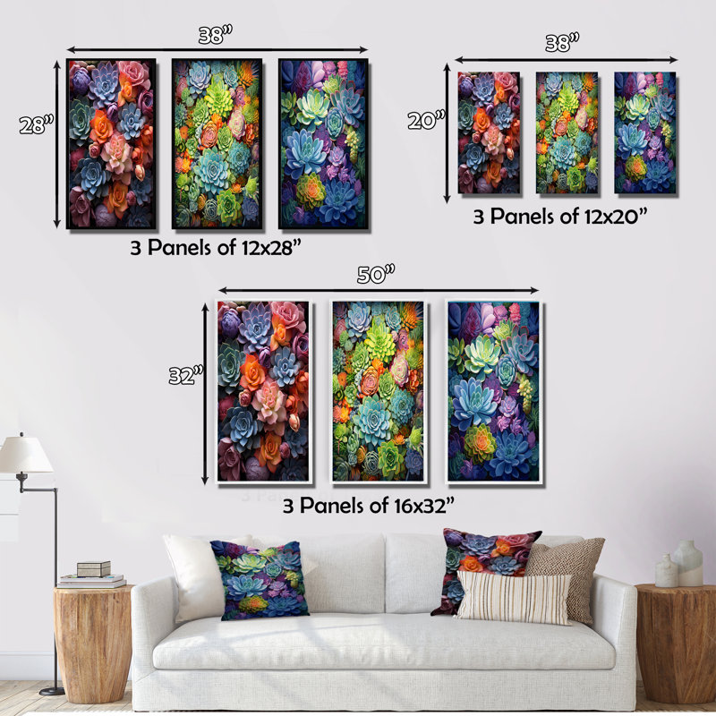 «Colorful Succulents Desert Gems», 3 pièces sur toile, Cadre blanc, H 28 po x l 36 po